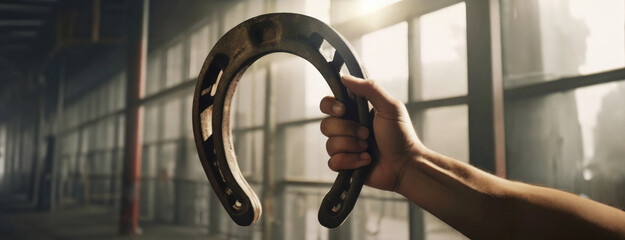 Gripped firmly in hand, the horseshoe emerges as a symbol of luck against the workshop's stark backdrop. - obrazy, fototapety, plakaty