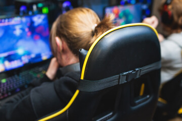 Cyber sport e-sports tournament, team of professional players, gamers playing online championship...
