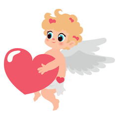 Cute Cupid with big red heart on white background