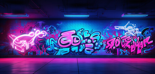 An ultra-realistic 3D wall texture featuring a vibrant, neon light graffiti design. 8k,