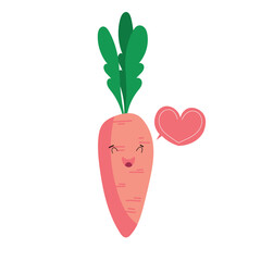 Funny carrot with heart-shaped speech bubble on white background