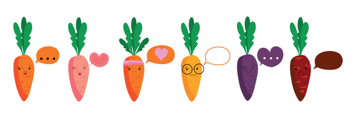 Set of funny carrots with speech bubbles on white background - obrazy, fototapety, plakaty