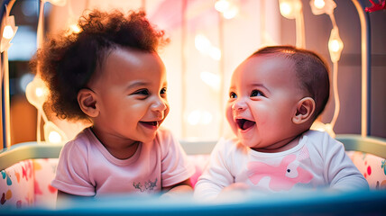 Cozy room, giggling infants, diverse backgrounds.