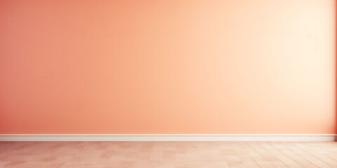 A banner with a gradient peach fuzz color room wall and a beige wood floor. Copy space. Background...