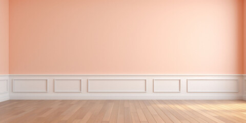 A banner with a peach fuzz color room with baroque stile walls with white lines and a beige wood...