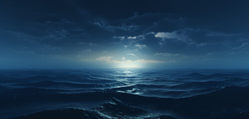 A detailed view of a 3D wall texture featuring a tranquil, moonlit ocean scene with gentle waves. 8k,