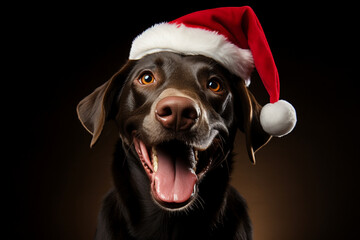 A playful Labrador in a festive Santa hat, ready for holiday fun on a bright red background.
