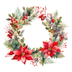 Watercolor illustration of a Christmas wreath with poinsettia flower on a white background