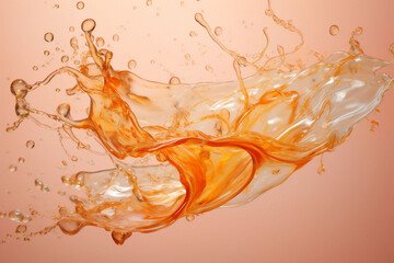 An orange liquid splash in the air with a peach fuzz color background. Copy space.