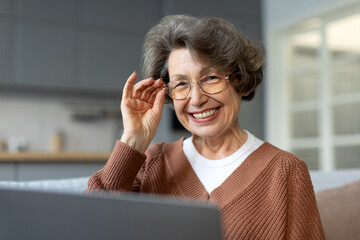 Happy senior woman sitting at home on sofa and using laptop, surfing net or having video call from...