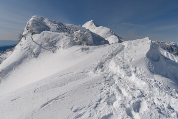 剣ヶ峰山から武尊山に向かう登山道から見た冬の剣ヶ峰山