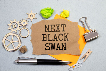 Next black swan symbol. Wooden blocks with words 'Next black swan'. Beautiful grey background, copy...