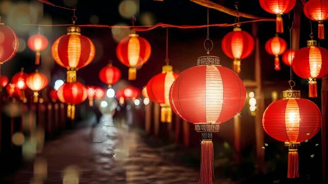 Chinese lanterns at night, Seamless Animation Video Background in 4K Resolution	