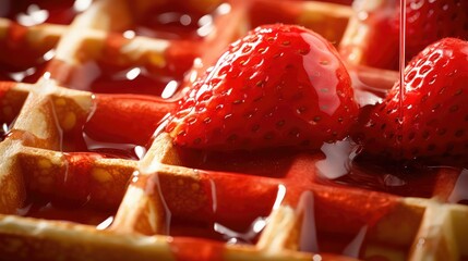 brunch strawberry waffle food illustration dessert homemade, syrup crispy, fresh indulgent brunch strawberry waffle food - obrazy, fototapety, plakaty