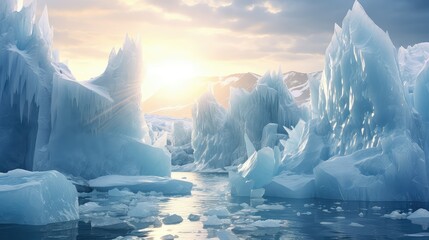 arctic pinnacled icebergs landscape illustration antarctica ice, snow mountain, nature adventure arctic pinnacled icebergs landscape - obrazy, fototapety, plakaty