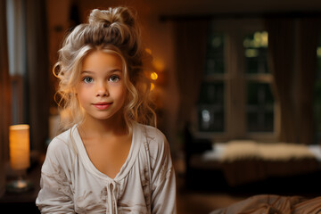 portrait of a little girl in the living room in the evening, waiting for the holiday