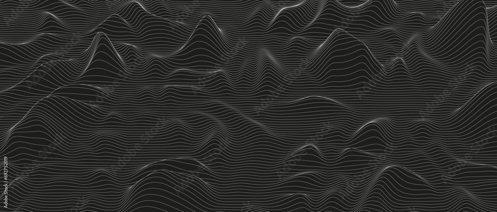 Poster abstract background with distorted line shapes on a black background. monochrome sound line waves.
