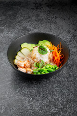 Poke with shrimp, avocado, pear, rice and green beans