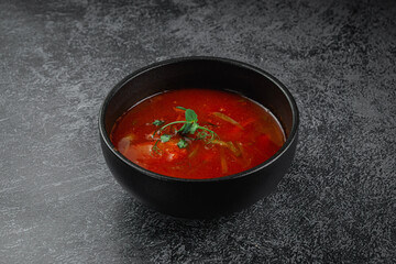 Traditional Russian and Ukrainian cuisine, appetizing red borscht on a dark background