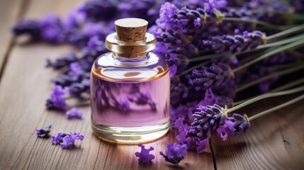 Obraz na płótnie Canvas lavender fragrance, oil and lavender on a wooden table. 