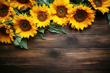 space copy Background above View table wooden sunflowers Beautiful sunflower yellow sun flower frame design summer wood harvest oil horizontal flat topview postcard advertising green petals plant