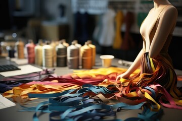 fashion designer studio, mannequin with colorful ribbons in tailoring studio, creativity and...