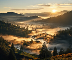 Fototapeta na wymiar As the sun rises over the misty valley, a serene river winds through a lush landscape of towering trees and rolling hills, casting a golden glow upon the tranquil scene