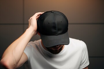 up mock empty cap Baseball black hat white background template design front side blank head wear fashion back