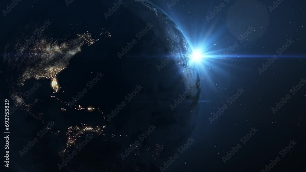 Wall mural looped video repeating endlessly. surface of planet earth, view from space. night on the planet with