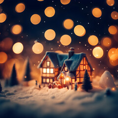 Fototapeta premium Christmas house in snow and bokeh