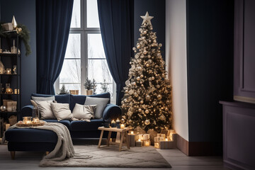 Contemporary living room adorned a Christmas tree and a stylish sofa