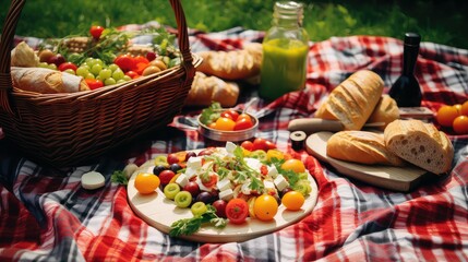 Fototapeta na wymiar fruit grass picnic food illustration cheese snacks, outdoor relaxation, nature park fruit grass picnic food