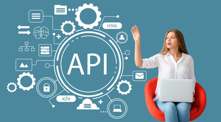 Woman with laptop and virtual screen with abbreviation API on blue background