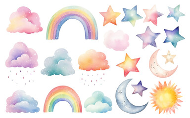 Set of watercolor rainbow clouds sun moon stars. Fantasy pastel color. Vector nursery elements