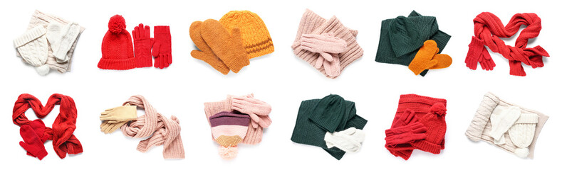 Collage of warm gloves, mittens, hats and scarfs on white background