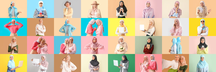 Group of young Muslim women on color background