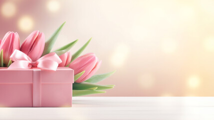 Pink tulip flowers with gift box over blurred background. Mothers Day, Valentines Day, Birthday