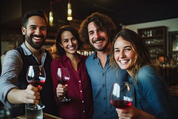 group of friends raising wine glasses, winery