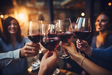 group of friends raising wine glasses, wine tasting, celebration