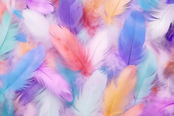 lay Fl feathers colorfull soft nackground abstract feather white background pastel pattern bird colours fashion light texture wallpaper animal nature trend concept delicate design fluffy love - obrazy, fototapety, plakaty