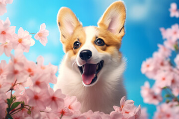 Cute corgi puppy dog in colorful flowers