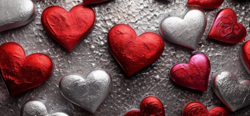 Obraz premium Valentines Day Decoration love hearts on a wooden background, wallpaper, design, birthdays, design