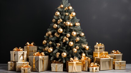 Christmas tree with golden gift boxes