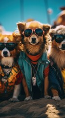 dogs portrait with sunglasses, Funny animals in a group together looking at the camera, wearing clothes, having fun together, taking a selfie, An unusual moment full of fun and fashion consciousness.