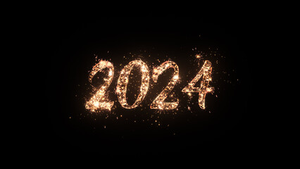 2024 Happy New Year greeting text with particles and sparks on black background, beautiful typography magic design.