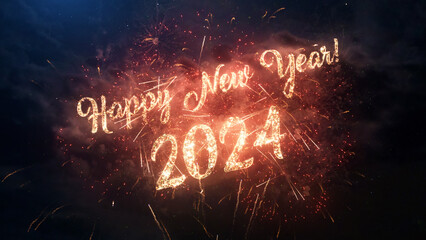 2024 Happy New Year greeting text with particles and sparks on black night sky with colored fireworks on background, beautiful typography magic design.