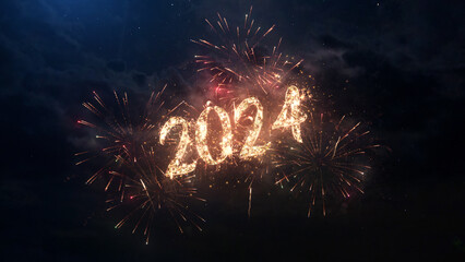 2024 Happy New Year greeting text with particles and sparks on black background, beautiful typography magic design.