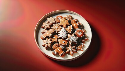 Small Gingerbread Cookies on a Plate. Red Background