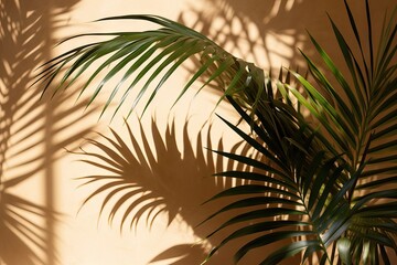 Fototapeta na wymiar wall beige shadows leaves palm fresh background Abstract plant tropical design empty shadow tree branch foliage summer space modern nature scene leaf minimal overlay exotic concept greeting
