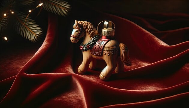 Wooden Christmas Tree Ornament on Red Velvet Background